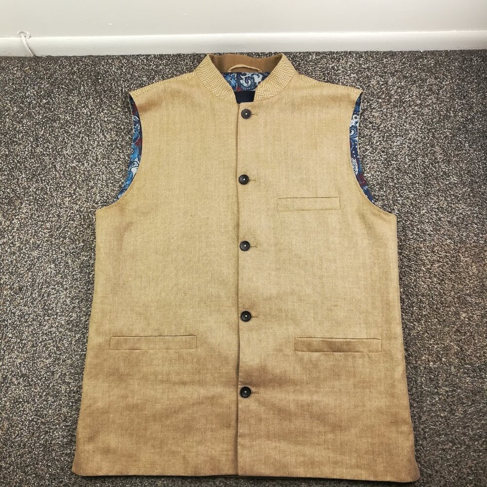 Joseph Turner Yorkshire Gilet Waistcoat Moon Wool Linen Herringbone Tan Sz 46